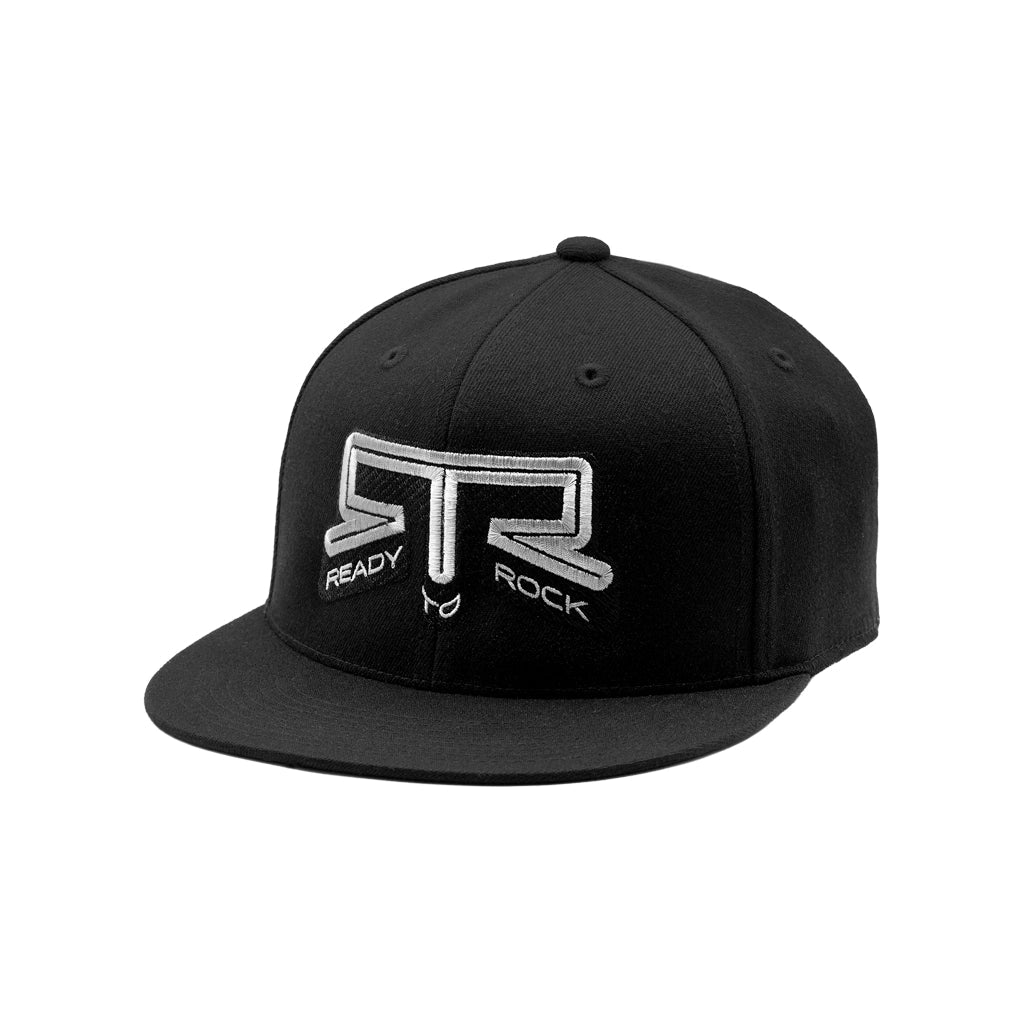 Black RTR Core Flexfit Hat structured cap with embroidered RTR Ready To Rock logo, angled front view.