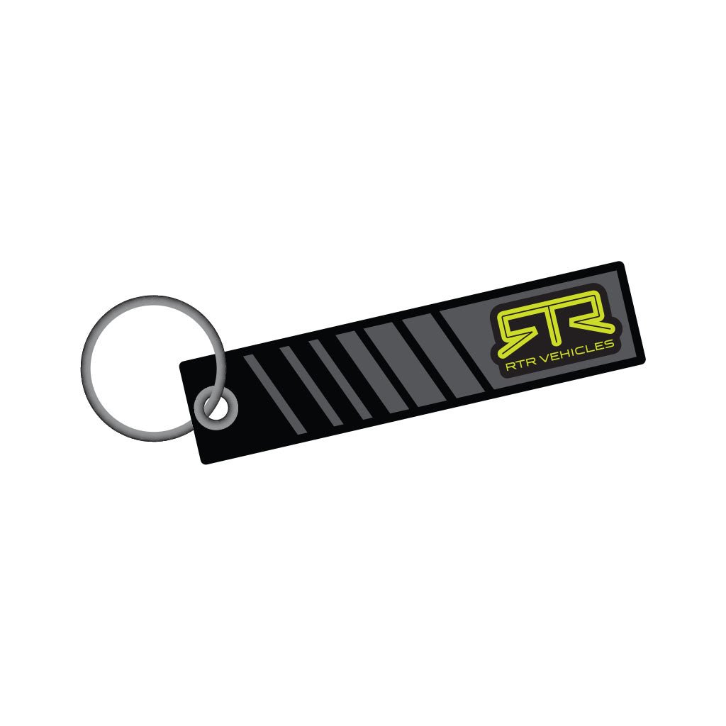 Black RTR Core Flight Tag Keychain with Hyper Lime RTR Vehicles logo and keyring.