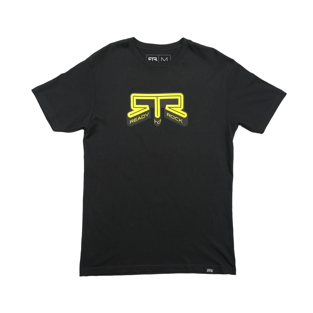 Black RTR Core T-Shirt with yellow RTR Ready to Rock graphic, flat lay front view.