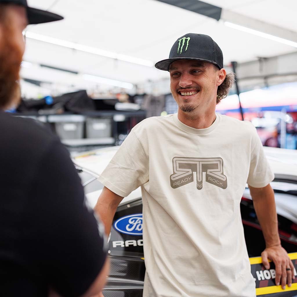 Ben Hobson wearing a Bone RTR Core T-Shirt in the RTR pits at Formula Drift.
