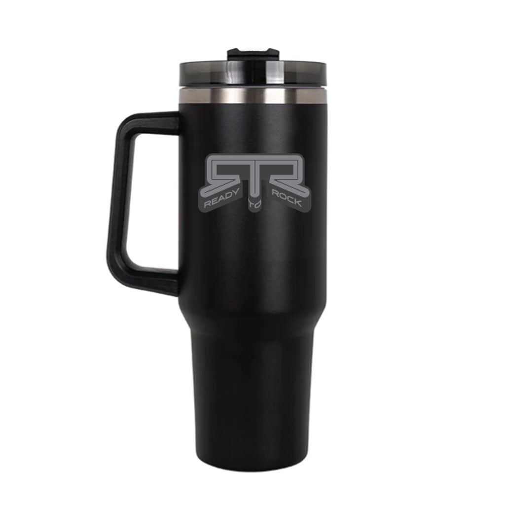 Black RTR Core Tumbler insulated travel mug with handle and engraved RTR logo.