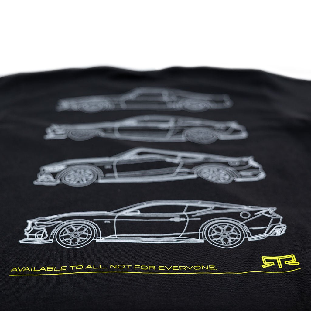 A black shirt featuring a white wireframe design of iconic RTR vehicles - RTR-X, RTR-C, 2023 Mustang RTR Spec 2, and 2024 Mustang RTR Spec 2. Boldly represents RTR's evolution and motto.