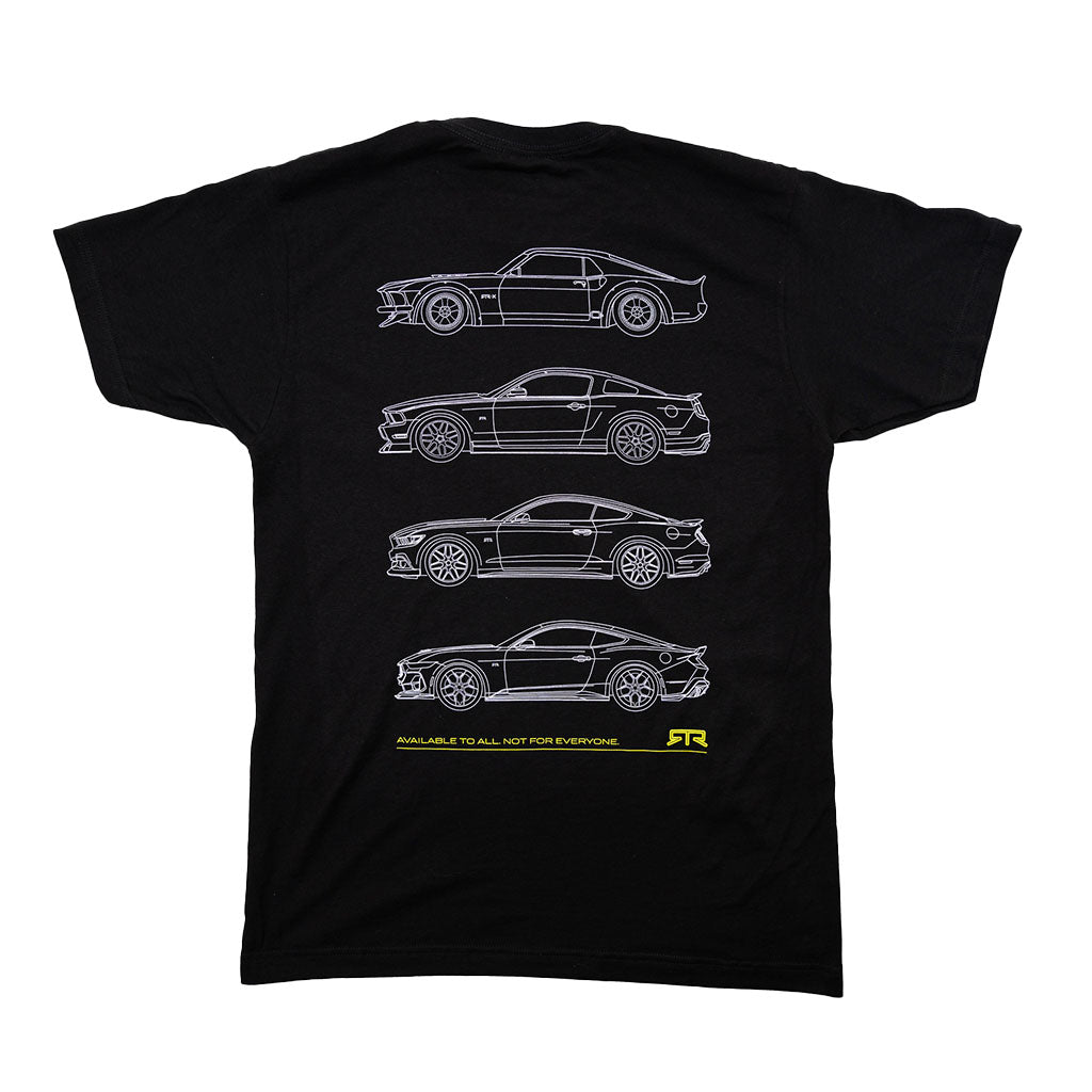 RTR Evolution Tee featuring wireframe designs of iconic RTR vehicles like RTR-X and 2023 Mustang RTR Spec 2. Bold statement tee with RTR motto. Made with 100% cotton for comfort.