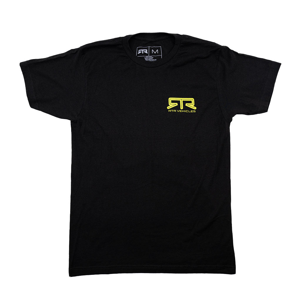 A black t-shirt featuring a hyperlime logo across the chest. Made with 100% cotton for comfort, embodying the spirit of Mustang's 60th Anniversary and showcasingRTR's evolution.