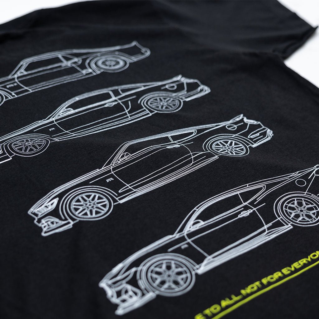 RTR Evolution Tee featuring wireframe design of iconic RTR vehicles: RTR-X, RTR-C, 2023 & 2024 Mustang RTR Spec 2. Available to All, Not for Everyone motto. 100% cotton, tagless comfort.