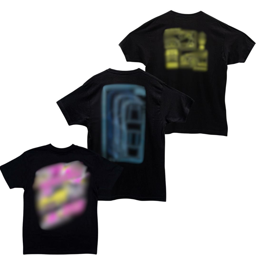 RTR Mystery Shirt Pack: Three black T-shirts featuring large, abstract graphics in blue, yellow, and pink, showcasing bold, blocky artistic designs.