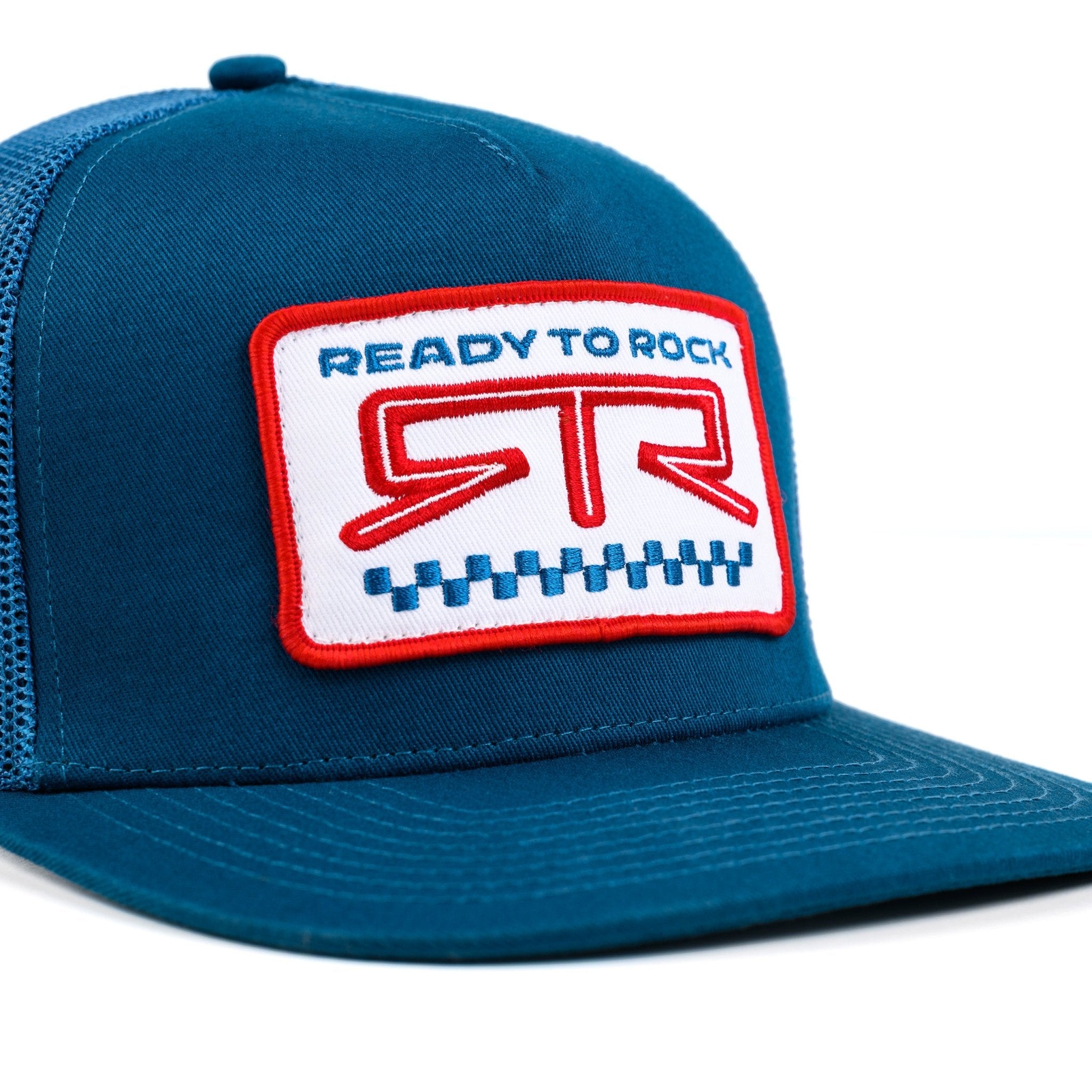 Blue cap with a 'Ready to Rock' patch on a white background