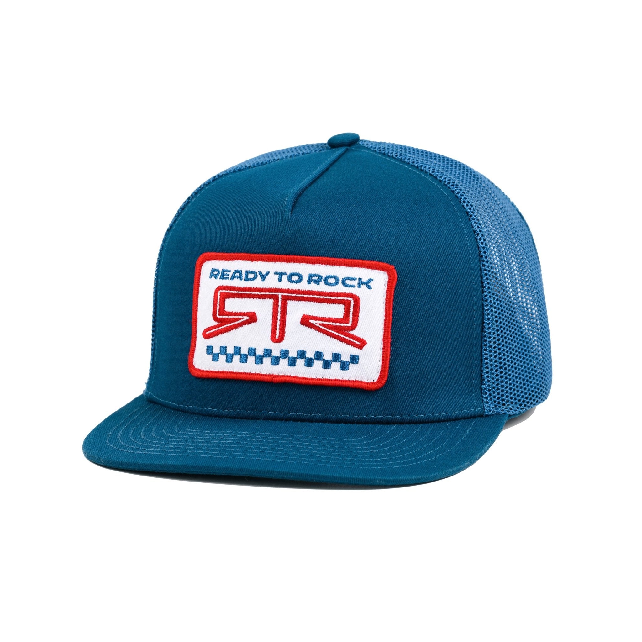 Blue cap with 'Ready to Rock' logo adn red accents on a white background