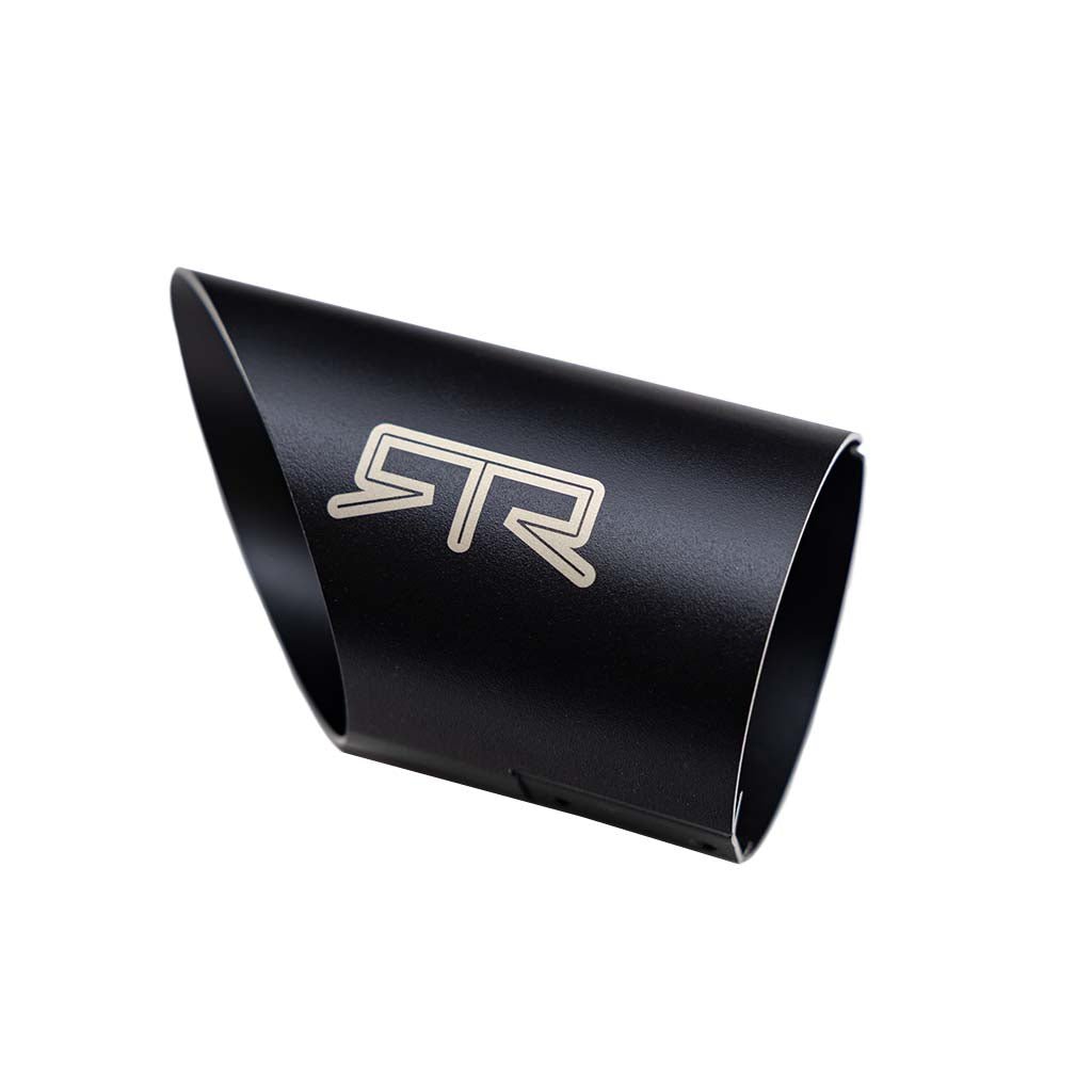 Matte-black RTR Quad Tip Cover Kit for 2015+ Mustangs, featuring a cylindrical shape with conical front, laser-etched STR logo, enhancing exhaust aesthetics.