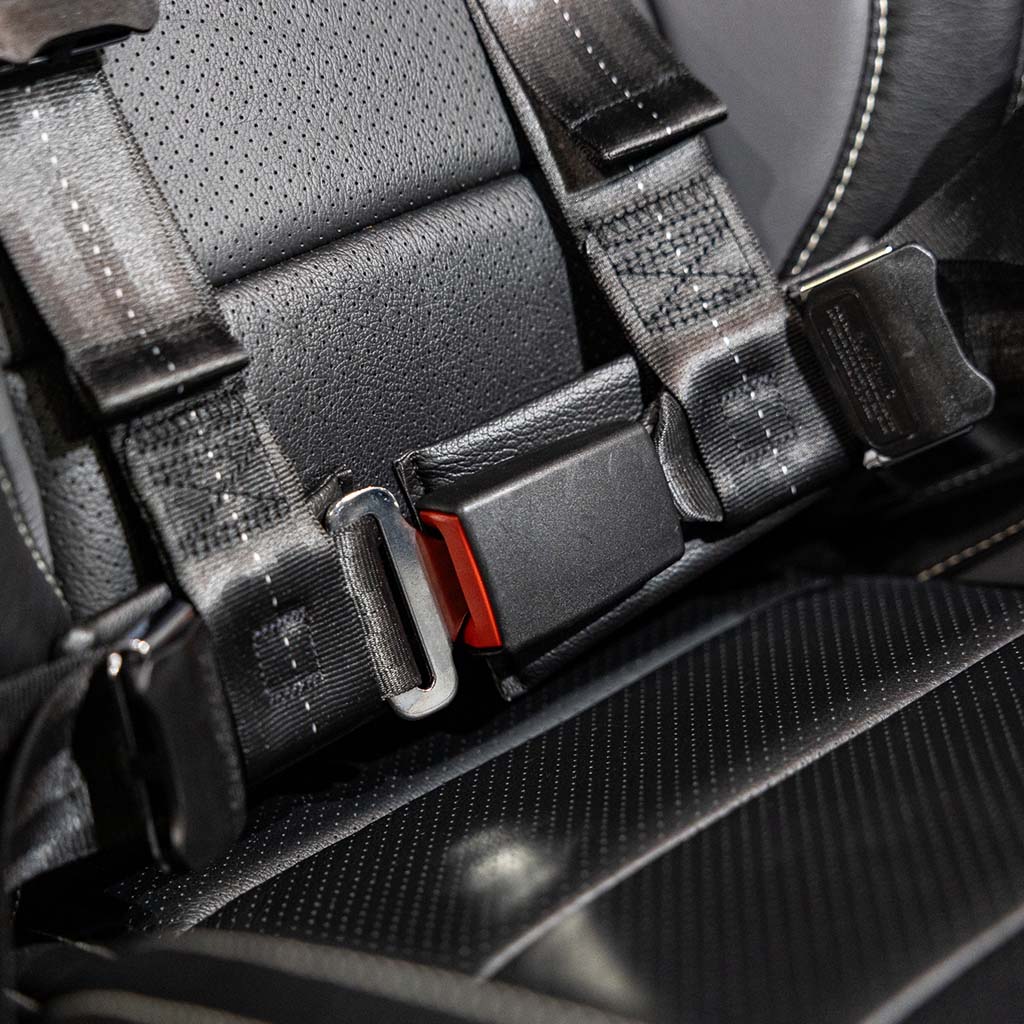 Close-up of the RTR QuickFit Harness buckle for 05-24 Mustang, showing the secure attachment points designed for dual duty track and street use.