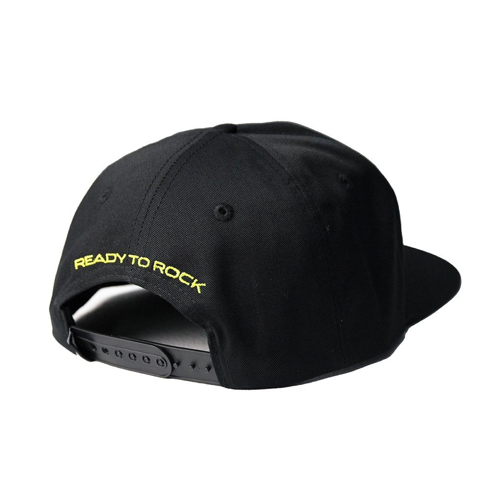 Right rear view of the RTR Vehicles Rotate Black snapback hat with the RTR Rotate sewn on rubber logo patch.