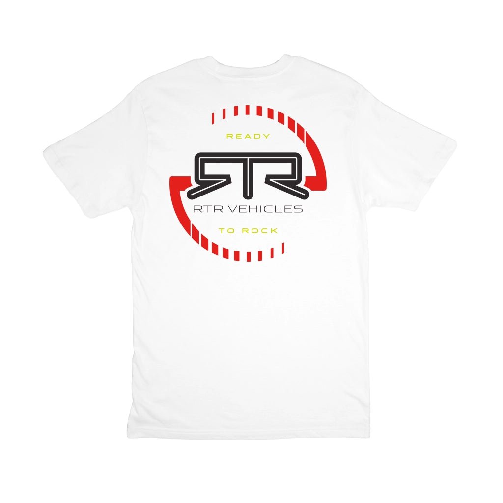 Back view of the RTR Vehicles Rotate White short sleeve t-shirt with the RTR Rotate Ready to Rock logo in Red, Black, and Hyperlime.