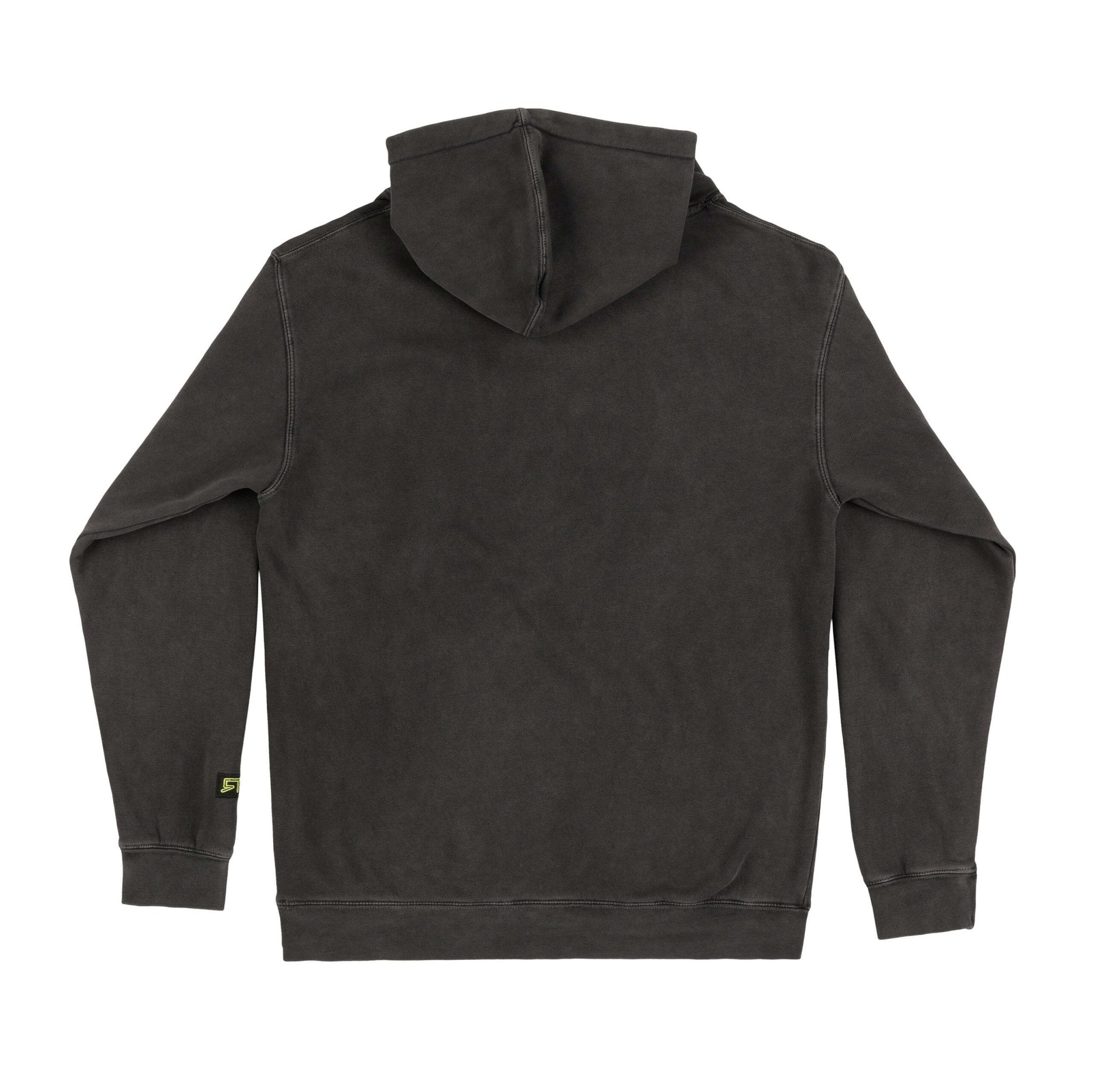 RTR Tonal Logo Hoodie featuring a black fleece, tonal logo, and Hyper Lime tag on the sleeve. Double-lined hood, no drawcords, relaxed fit.