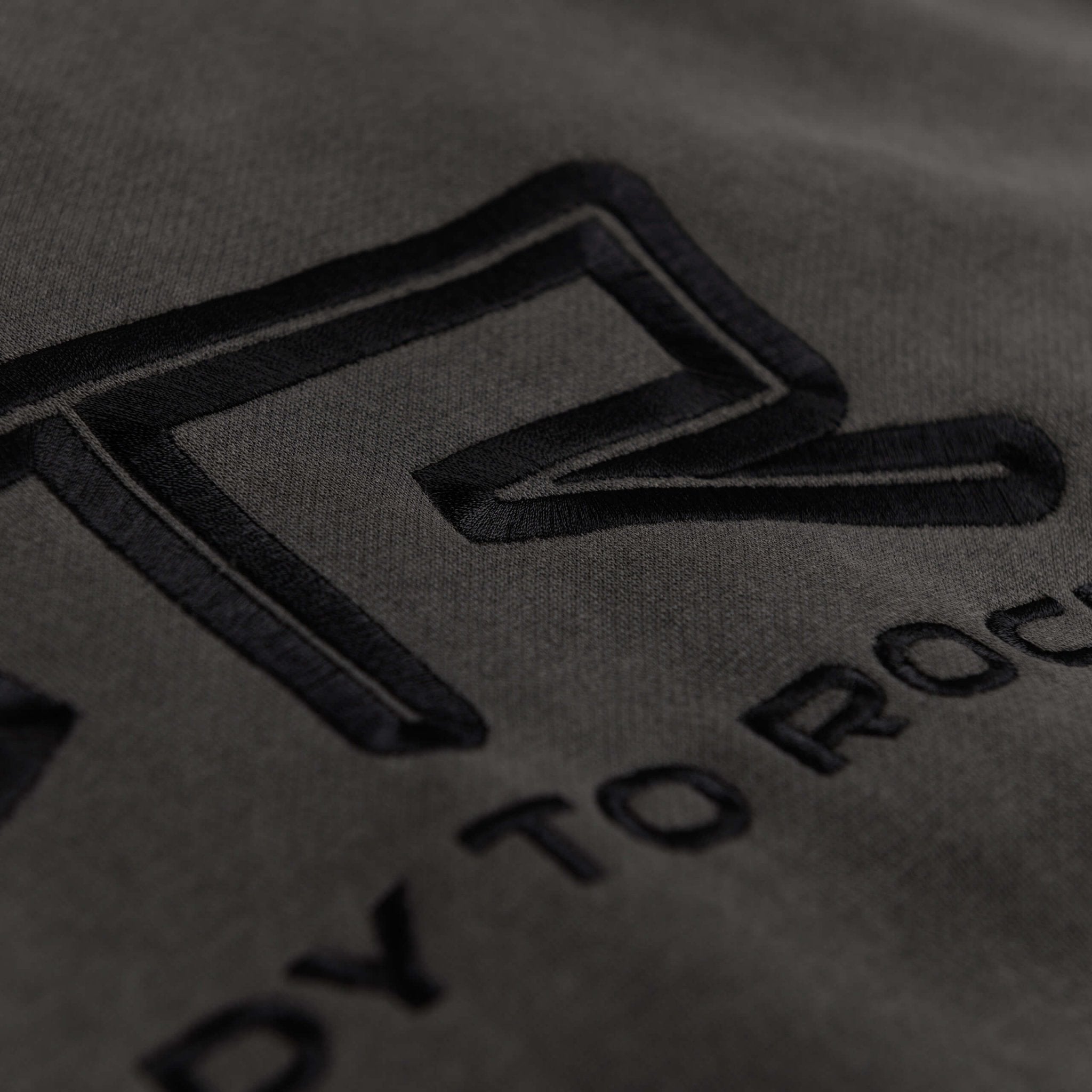 Close-up of the RTR Tonal Logo Hoodie featuring raised embroidery and READY TO ROCK text, highlighting the unique texture and minimalist design.