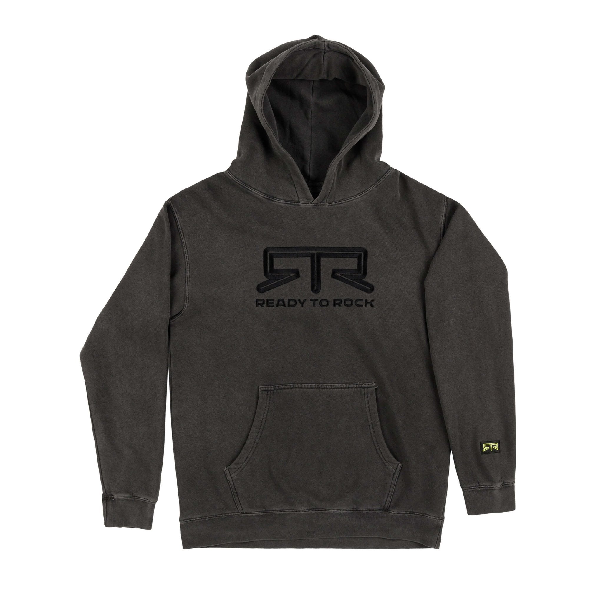 RTR Tonal Logo Hoodie, black with raised tonal logo and “READY TO ROCK” embroidery, double-lined hood, Hyper Lime tag on sleeve, heavyweight fleece.