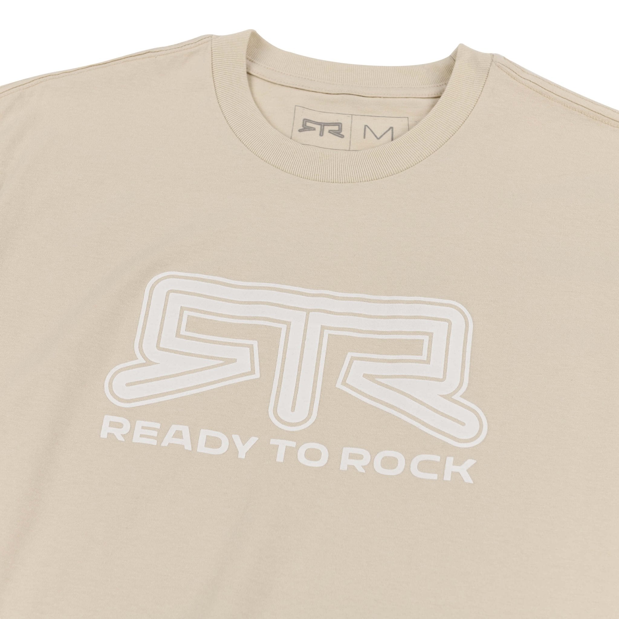 Close-up of RTR Tonal Logo T-Shirt, featuring a textured logo and Ready to Rock print, crafted from 100% cotton for versatile, everyday wear.