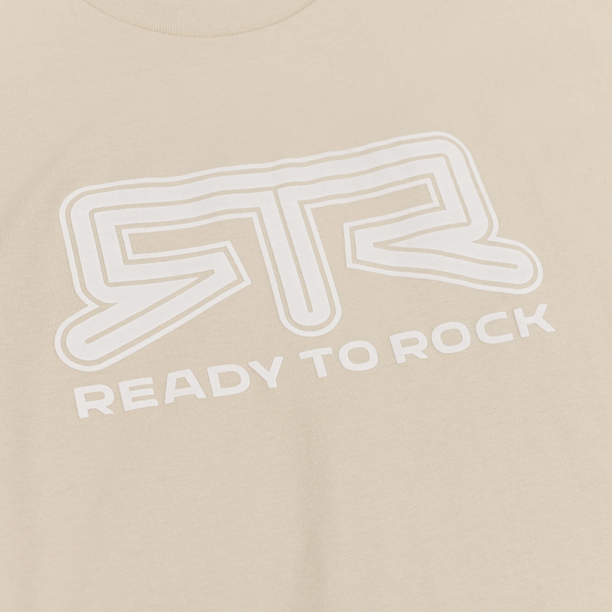 Close-up of RTR Tonal Logo T-Shirt, showcasing the puff print RTR logo and Ready to Rock text, highlighting its minimalist design and fabric texture.