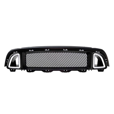 RTR Upper Grille for 13–14 Mustang GT, V6, featuring black honeycomb mesh and LED accent lighting with integrated side housings for enhanced style and performance.