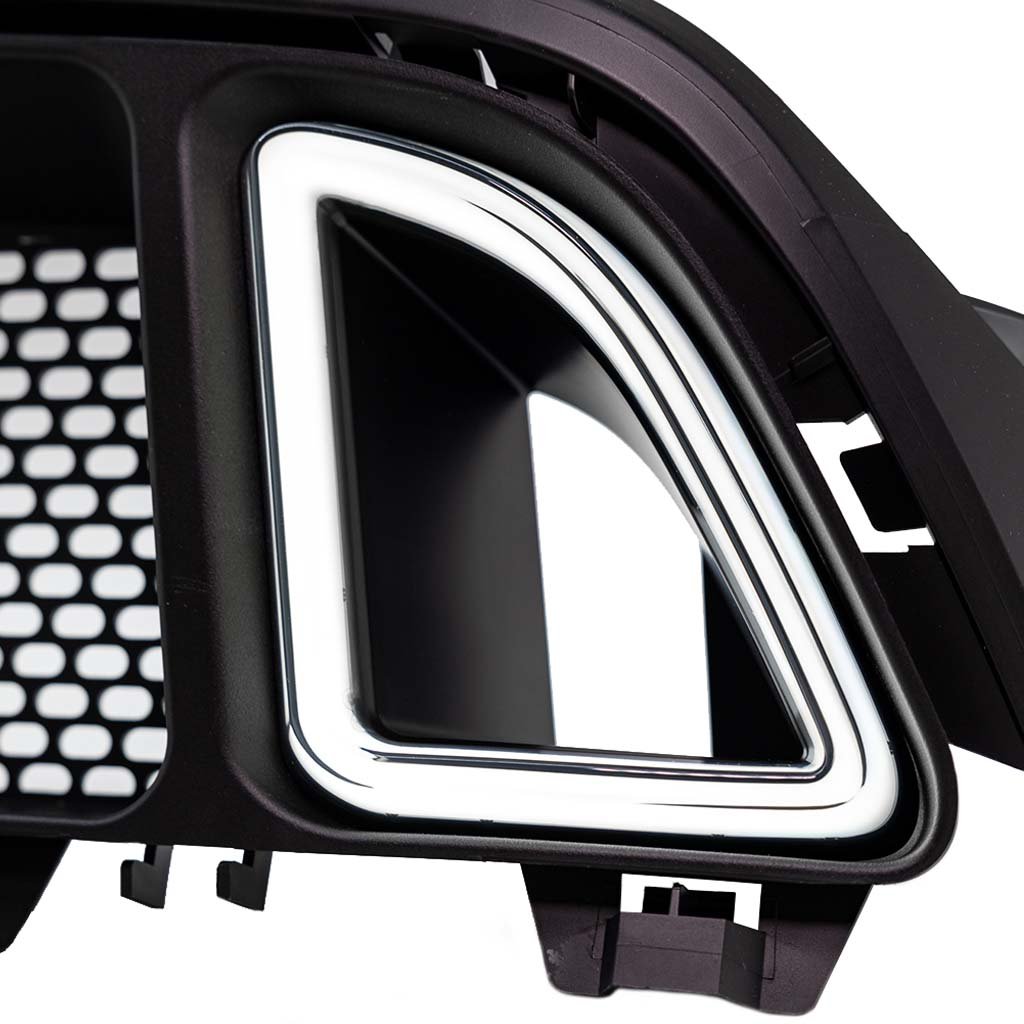 Close-up of RTR Upper Grille with Signature LED Accent Lighting for 13–14 Mustang GT, V6, featuring a black honeycomb mesh and integrated white LED DRL ring.