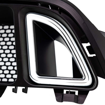 Close-up of RTR Upper Grille with Signature LED Accent Lighting for 13–14 Mustang GT, V6, featuring a black honeycomb mesh and integrated white LED DRL ring.