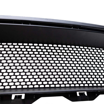 Close-up of RTR Upper Grille with Signature LED Accent Lighting for 13–14 Mustang GT/V6, featuring perforated mesh panel and solid black frame.