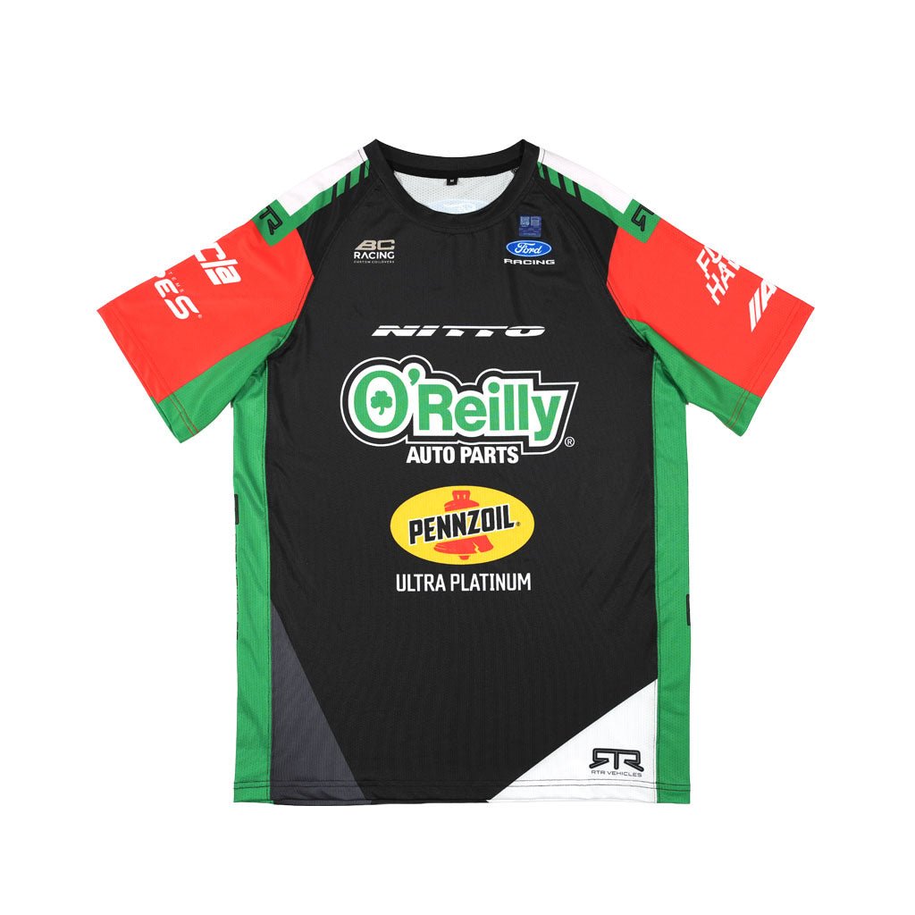 Front view of the James Deane 2026 RTR Drift Team Sublimated Shirt in black, red, and green with O'Reilly Auto Parts, Pennzoil Ultra Platinum, and Nitto sponsor logos.