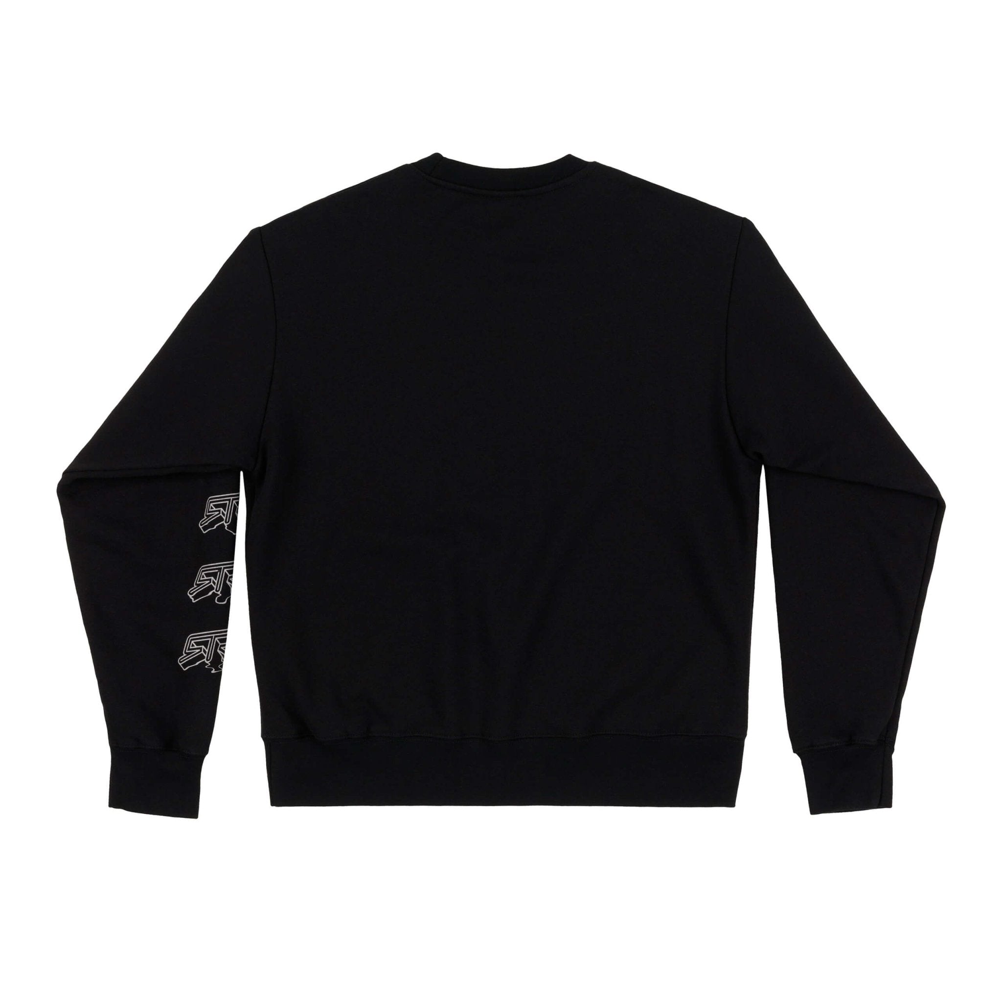RTR Warped Sweatshirt featuring a 3D warped RTR logo and dynamic designs on sleeves, crafted from a durable cotton/poly blend for comfort and style.