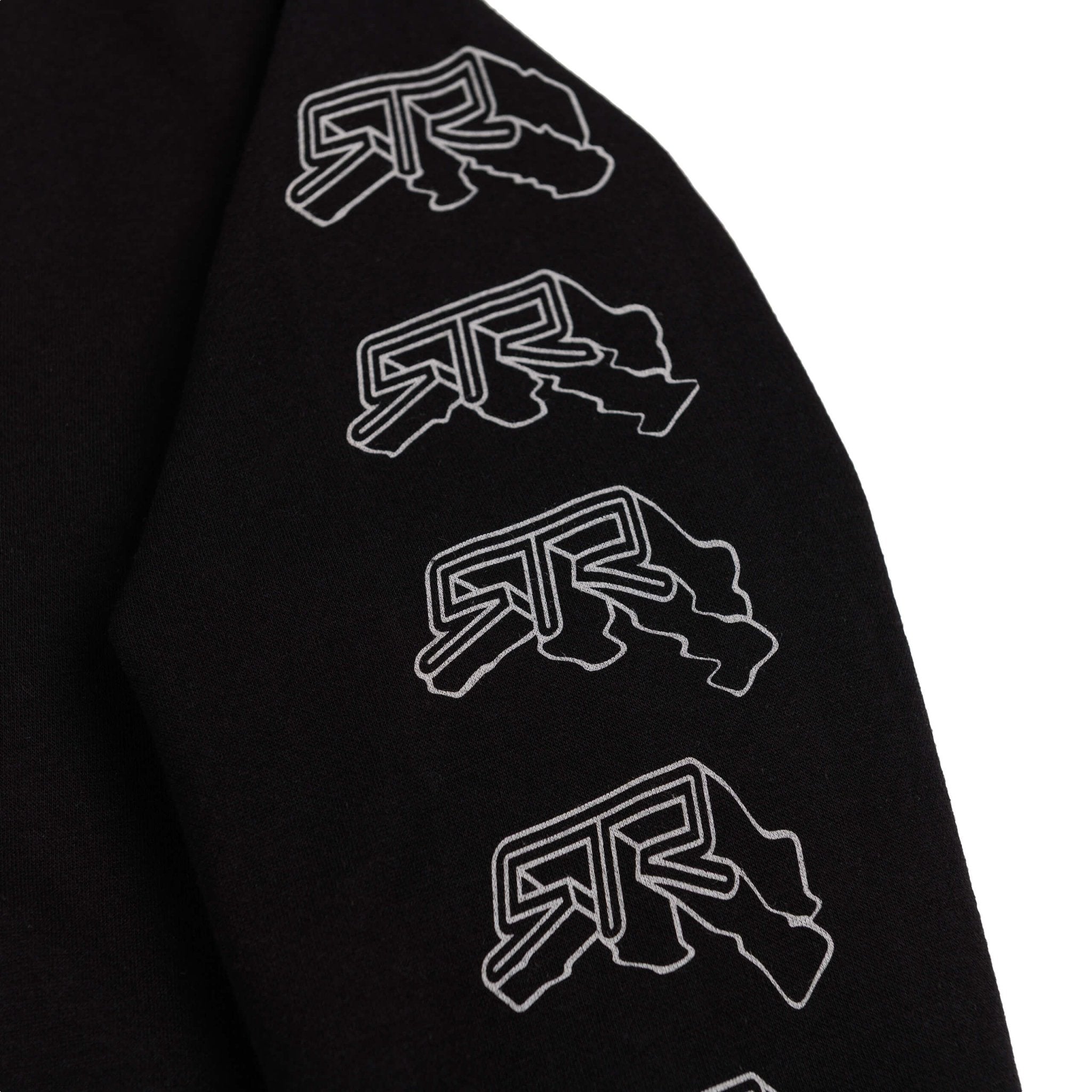 RTR Warped Sweatshirt features a close-up of a black sleeve with a distorted white 3D RTR logo design, highlighting its dynamic, race-inspired graphics.