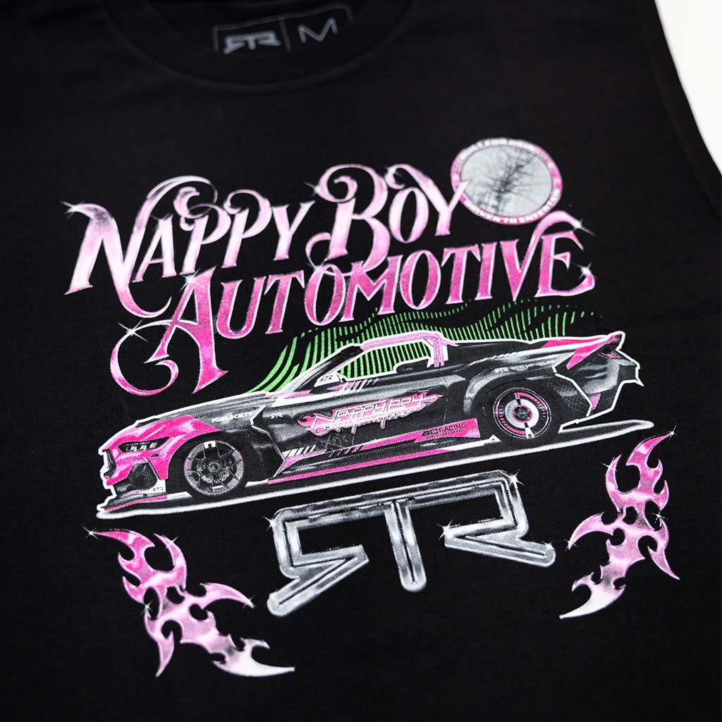 RTR x Nappy Boy Men's Tank, a limited edition piece celebrating T-Pain's 2025 Mustang RTR Spec 5-D, perfect for motorsport and music enthusiasts.