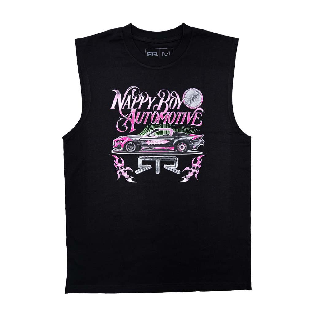 RTR x Nappy Boy Men's Tank, showcasing T-Pain's 2025 Mustang RTR Spec 5-D design, perfect for motorsport enthusiasts and street style aficionados.