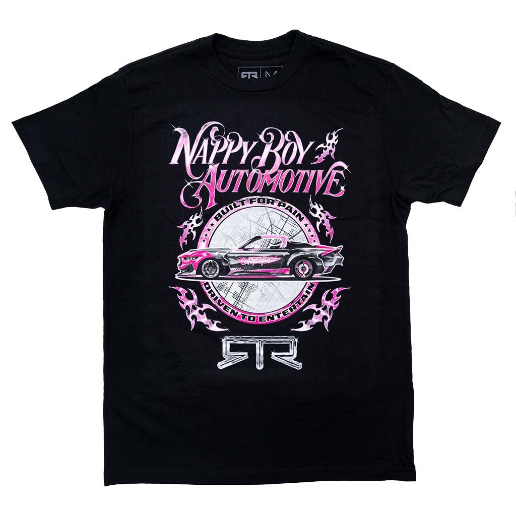 RTR X Nappy Boy T-Shirt, showcasing inspired design elements from T-Pain’s 2025 Mustang RTR Spec 5-D, symbolizing the fusion of music and motorsport.