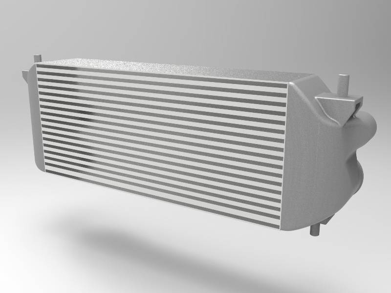 Whipple EcoBoost Mega Cooler (21+ F-150): A front-mount intercooler with rectangular core, end-tanks, and inlet/outlet connections, enhancing cooling efficiency and engine performance.