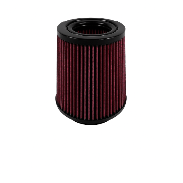 Red air filter with black outer rim on a white background