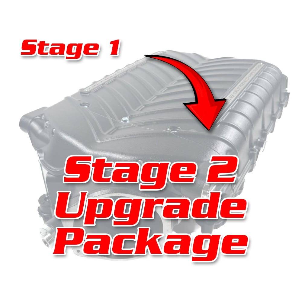 Engine cover with 'Stage 1' and 'Stage 2 Upgrade Package' text and an arrow pointing to the cover.