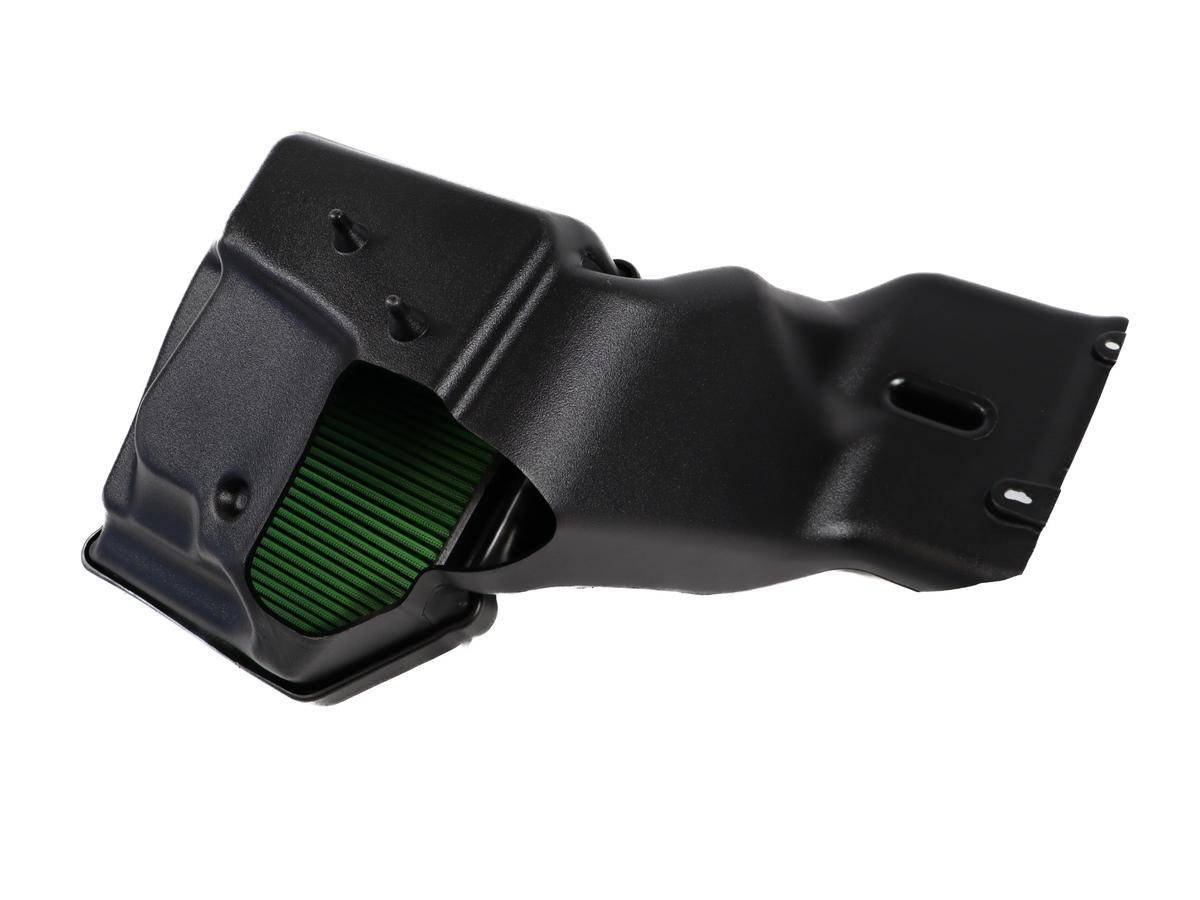 Whipple Superchargers Crusher Induction System for 21+ F-150 shown with black heat-shield enclosure and green pleated performance air filter, enhancing airflow and performance.