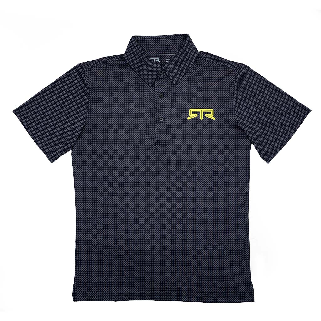 A black polo shirt with a sublimated RTR piston logos and a larger RTR Logo, made from lightweight performance fabric for automotive enthusiasts.