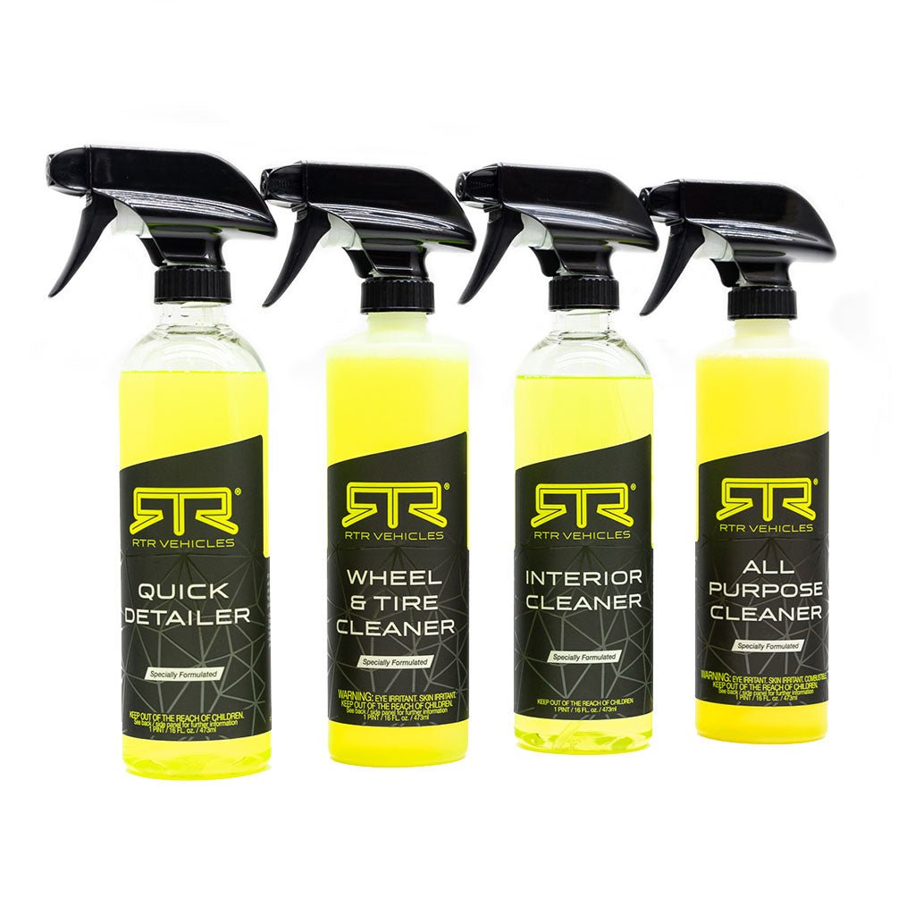 A group of RTR Detailing Essentials bottles, including Quick Detailer, Interior Cleaner, Wheel/Tire Cleaner, and All-Purpose Cleaner. Designed for a glossy finish and easy cleaning.