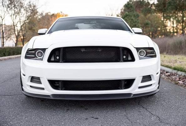 Front view of RTR Upper and Lower Grille for 13-14 Mustang GT/V6, featuring modern aggressive styling inspired by the Mustang RTR. Enhances airflow and performance with functional design.