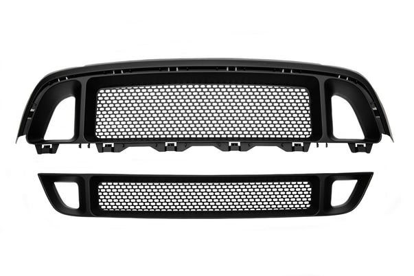 RTR Upper and Lower Grille for 13-14 Mustang GT/V6, featuring black front bumper, grill with vent openings, pill pattern, and black handle for aggressive styling and improved airflow.